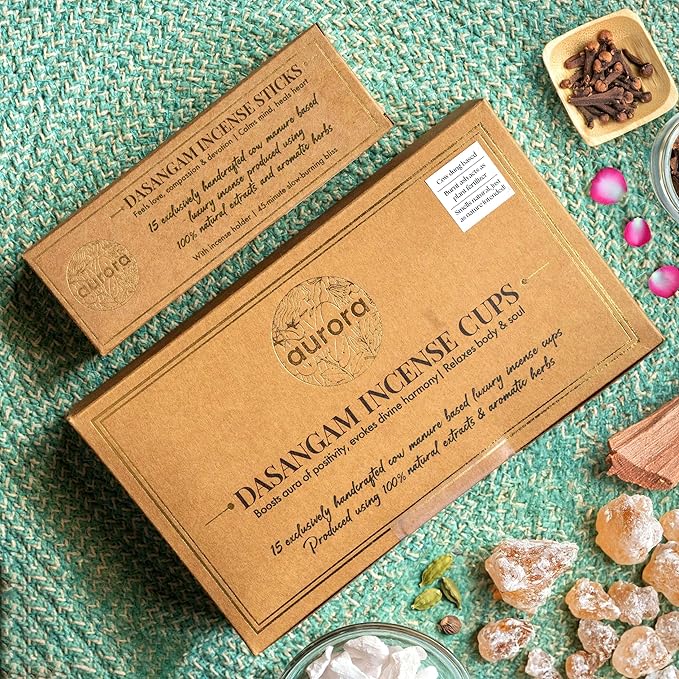 Cow Dung Incense Dasangam Combo Set with Handcrafted Incense Cups and Sticks | Dasangam Extracts & Herbs | 15 Incense Sticks + Holder | 15 Incense Cups + Holder