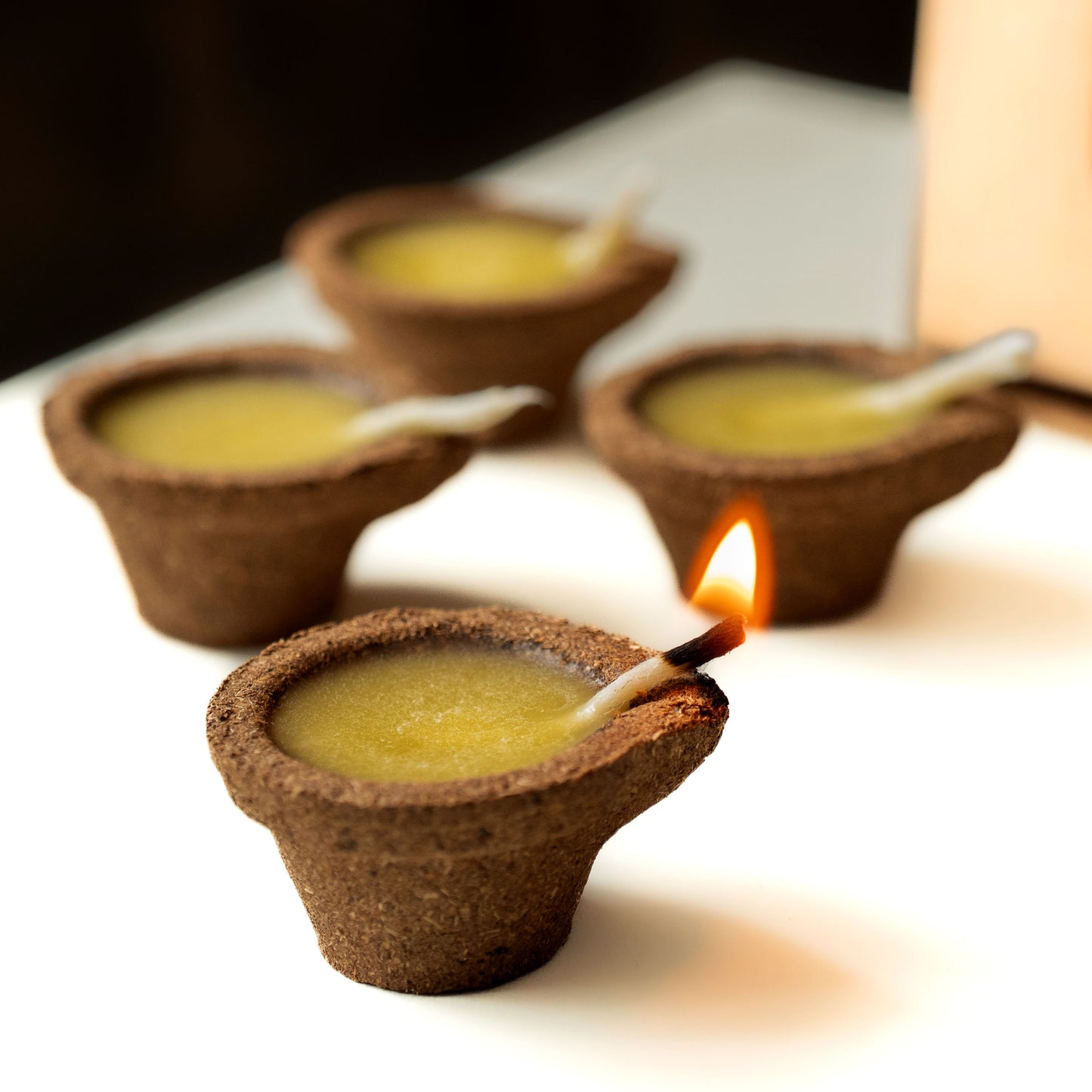 Cow dung based Panchagavya Ghee diya .12 Pre-Filled Diyas with Cow Ghee, Wick and Holder
