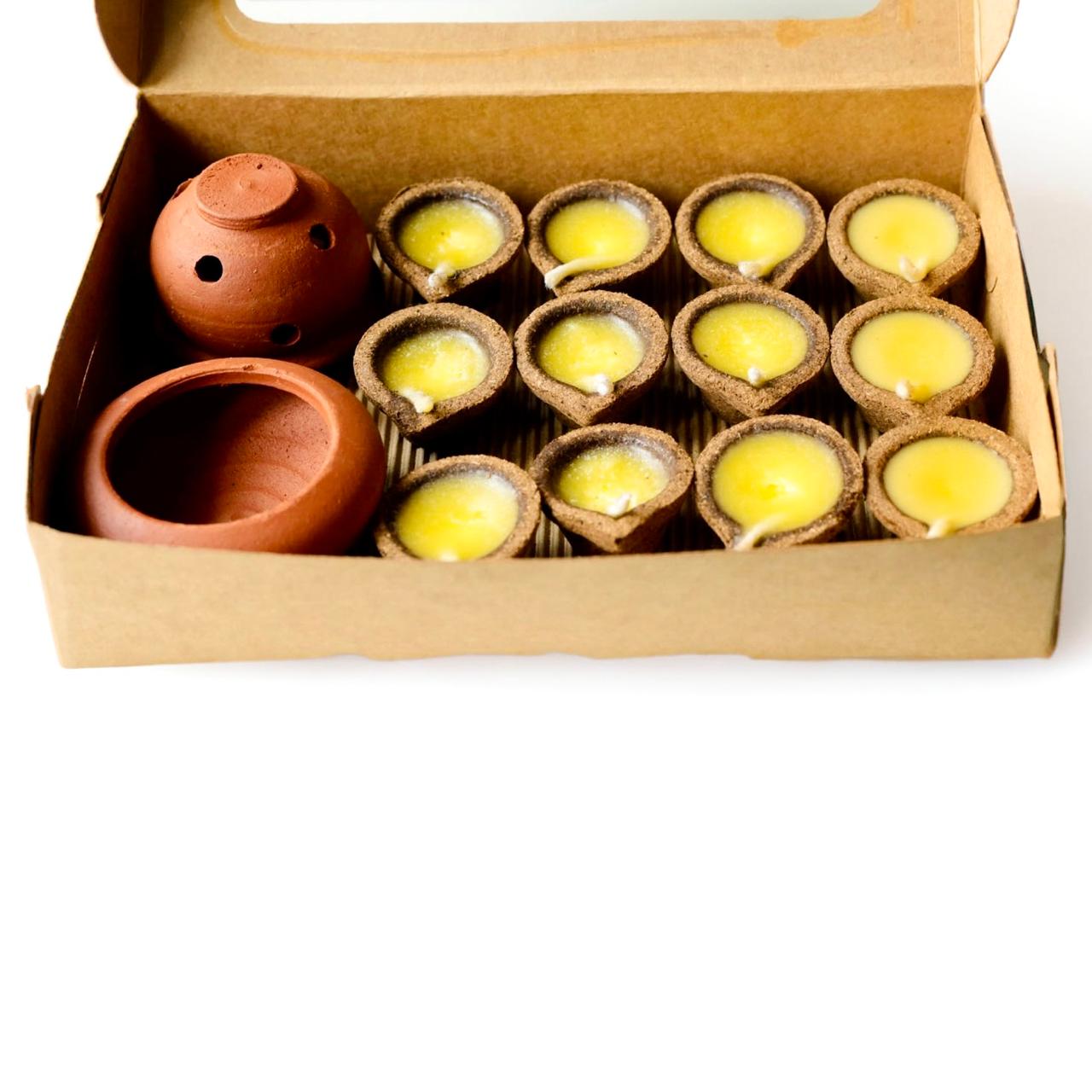 Cow dung based Panchagavya Ghee diya .12 Pre-Filled Diyas with Cow Ghee, Wick and Holder