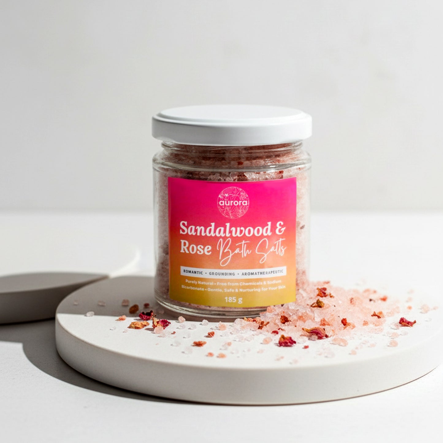 Aurora’s Sandalwood & Rose Bath Salts. ROMANTIC • GROUNDING • AROMATHERAPEUTIC . Purely Natural ,Free from Chemicals & Sodium Bicarbonate, Gentle, Safe & Nurturing for Your Skin.