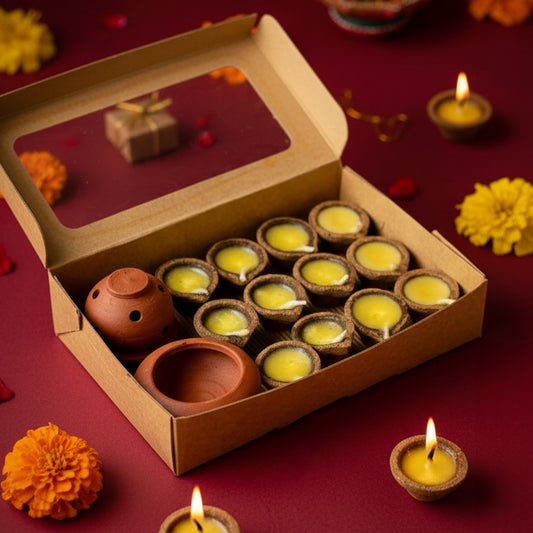 Cow dung based Panchagavya Ghee diya .12 Pre-Filled Diyas with Cow Ghee, Wick and Holder