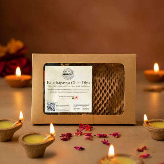 Cow dung based Panchagavya Ghee diya .12 Pre-Filled Diyas with Cow Ghee, Wick and Holder