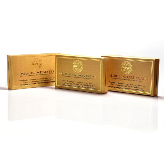 Cow Dung Incense Cups Combo (Dasangam, Floral, Lemongrass) | Handcrafted Incense with Natural extracts and Herbs | (15 Incense Cups + 15g Herbal Incense Powder + Holder) x 3