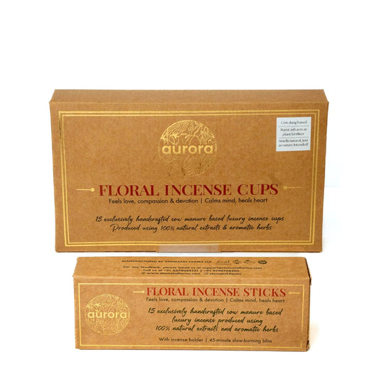 AURORA Cow Dung Incense Floral Combo Set with Handcrafted Incense Cups and Sticks | Floral Extracts & Herbs | 15 Incense Sticks + Holder | 15 Incense Cups + Holder