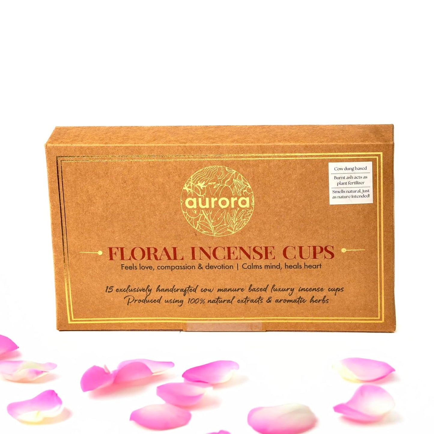 AURORA Cow Dung Incense Floral Combo Set with Handcrafted Incense Cups and Sticks | Floral Extracts & Herbs | 15 Incense Sticks + Holder | 15 Incense Cups + Holder