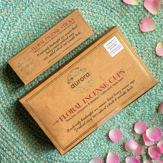 AURORA Cow Dung Incense Floral Combo Set with Handcrafted Incense Cups and Sticks | Floral Extracts & Herbs | 15 Incense Sticks + Holder | 15 Incense Cups + Holder