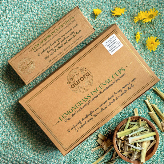Cow Dung Incense Lemongrass Combo Set with Handcrafted Incense Cups and Sticks | Lemongrass Extracts & Herbs | 15 Incense Sticks + Holder | 15 Incense Cups + Holder