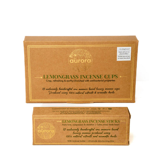 Cow Dung Incense Lemongrass Combo Set with Handcrafted Incense Cups and Sticks | Lemongrass Extracts & Herbs | 15 Incense Sticks + Holder | 15 Incense Cups + Holder
