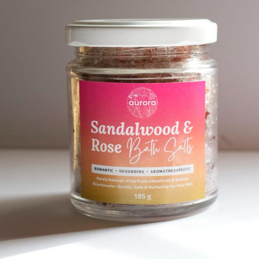 Aurora’s Sandalwood & Rose Bath Salts. ROMANTIC • GROUNDING • AROMATHERAPEUTIC . Purely Natural ,Free from Chemicals & Sodium Bicarbonate, Gentle, Safe & Nurturing for Your Skin.